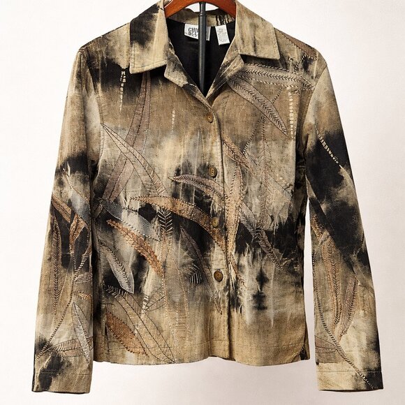 Chico's Design Jackets & Blazers - Chicos Design Women's Embroidered Leaf Tie Dye Cotton Jacket Brown Tan Size M